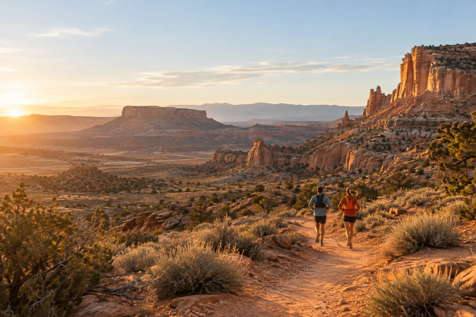 Two runners follow a sunlit trail through a Southwest-inspired desert landscape