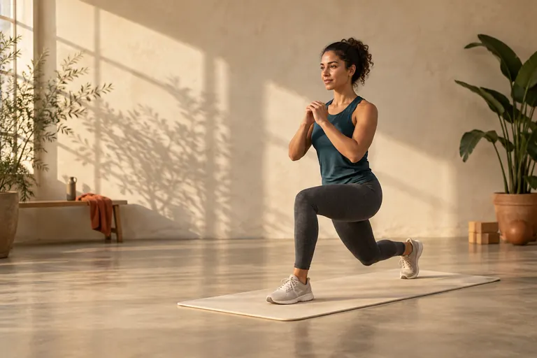 A person practicing a lunge in a bright home workout space