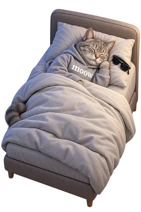 Slate, Moow’s cat coach, resting in bed