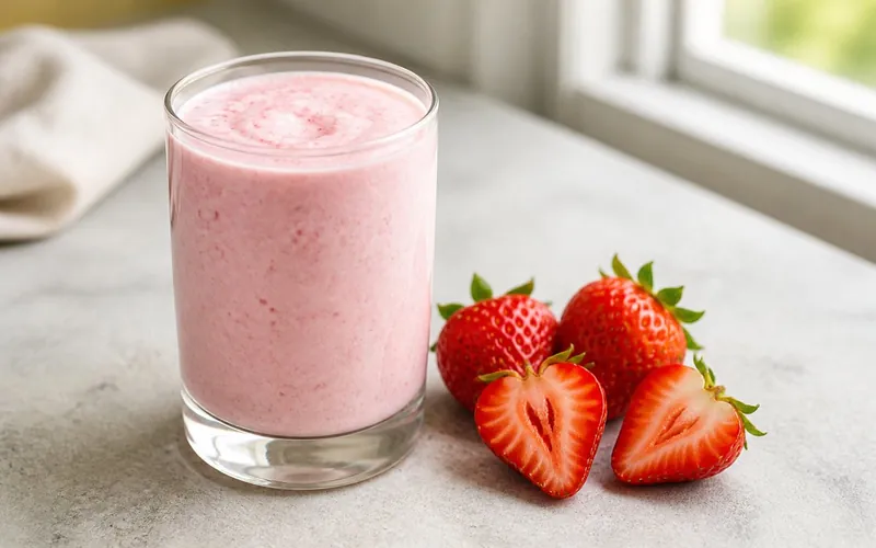 A strawberry yogurt smoothie with fresh strawberries