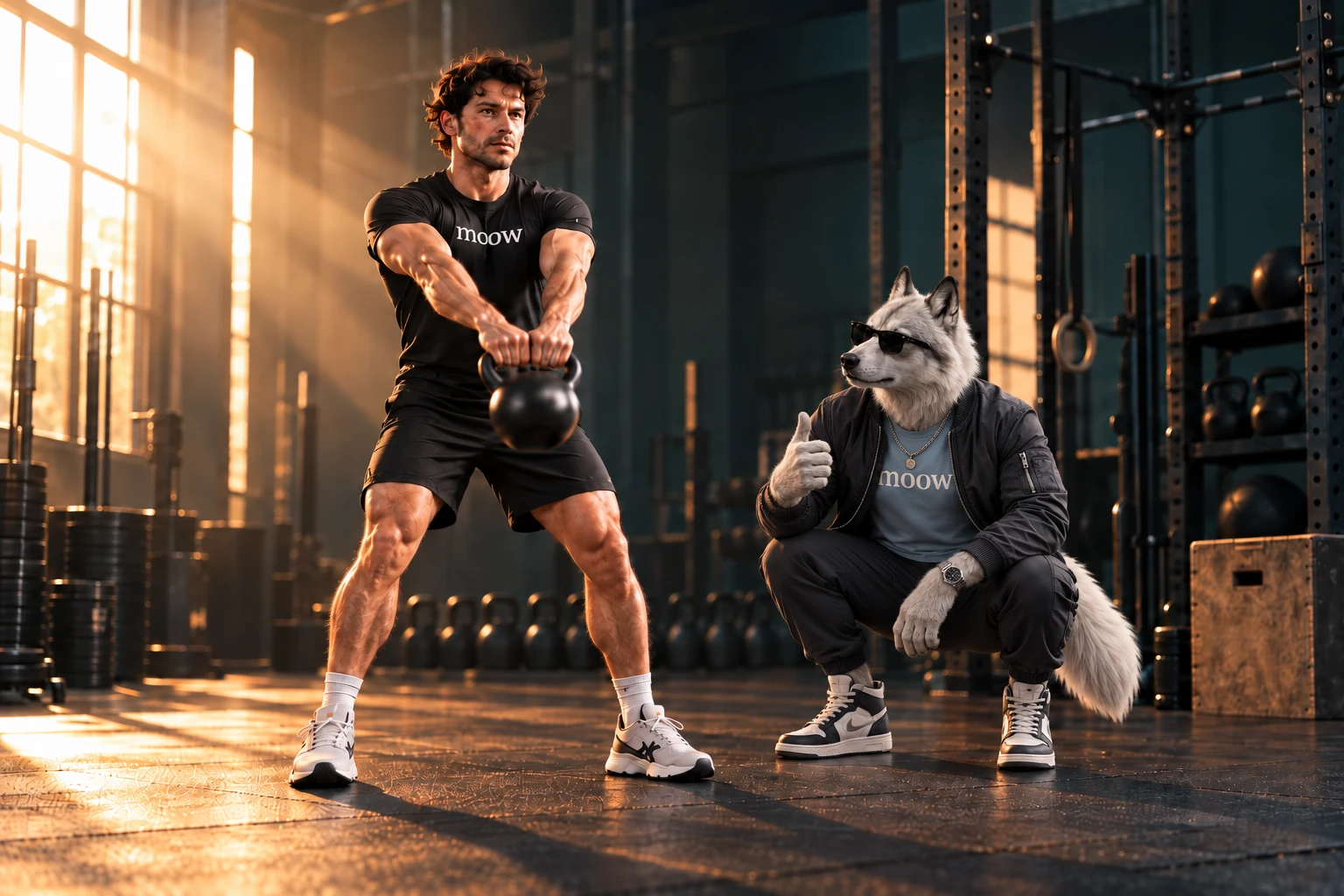 Illustrative gym scene with a person doing a kettlebell swing beside Kai Frost