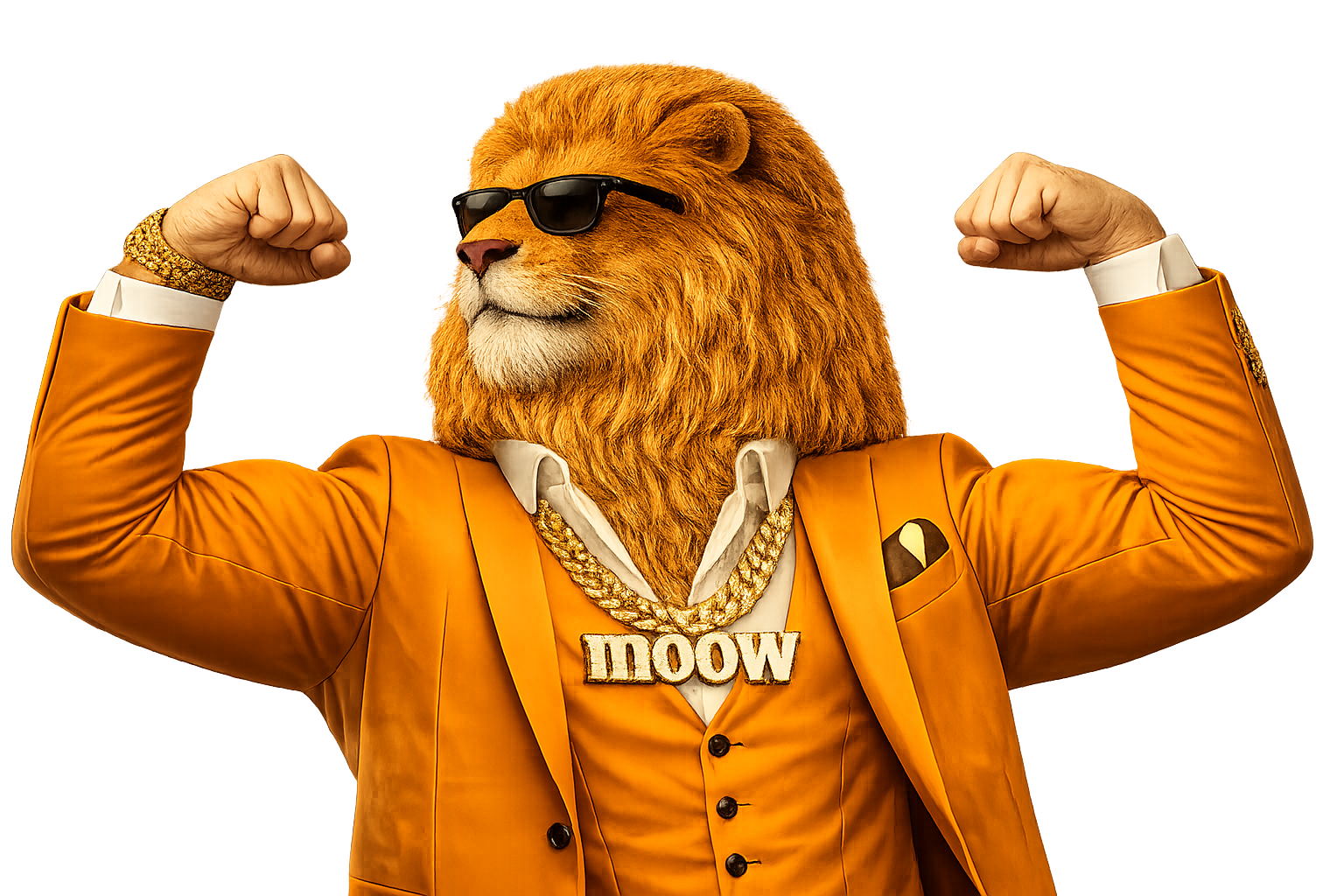Sol Roar flexing in his orange suit and sunglasses.